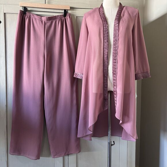 Maya Brooke Chiffon Sheer Pant Duster Set Women 8 Mauve Wedding Party Evening - Picture 2 of 16